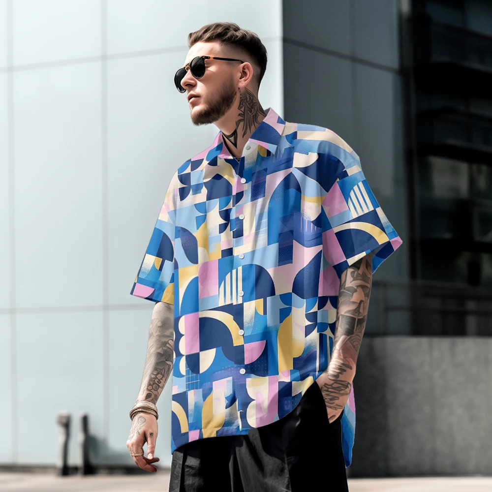 

Summer casual oversized short sleeved shirt with full body print, loose fit, comfortable Hawaiian beach trend, single breasted