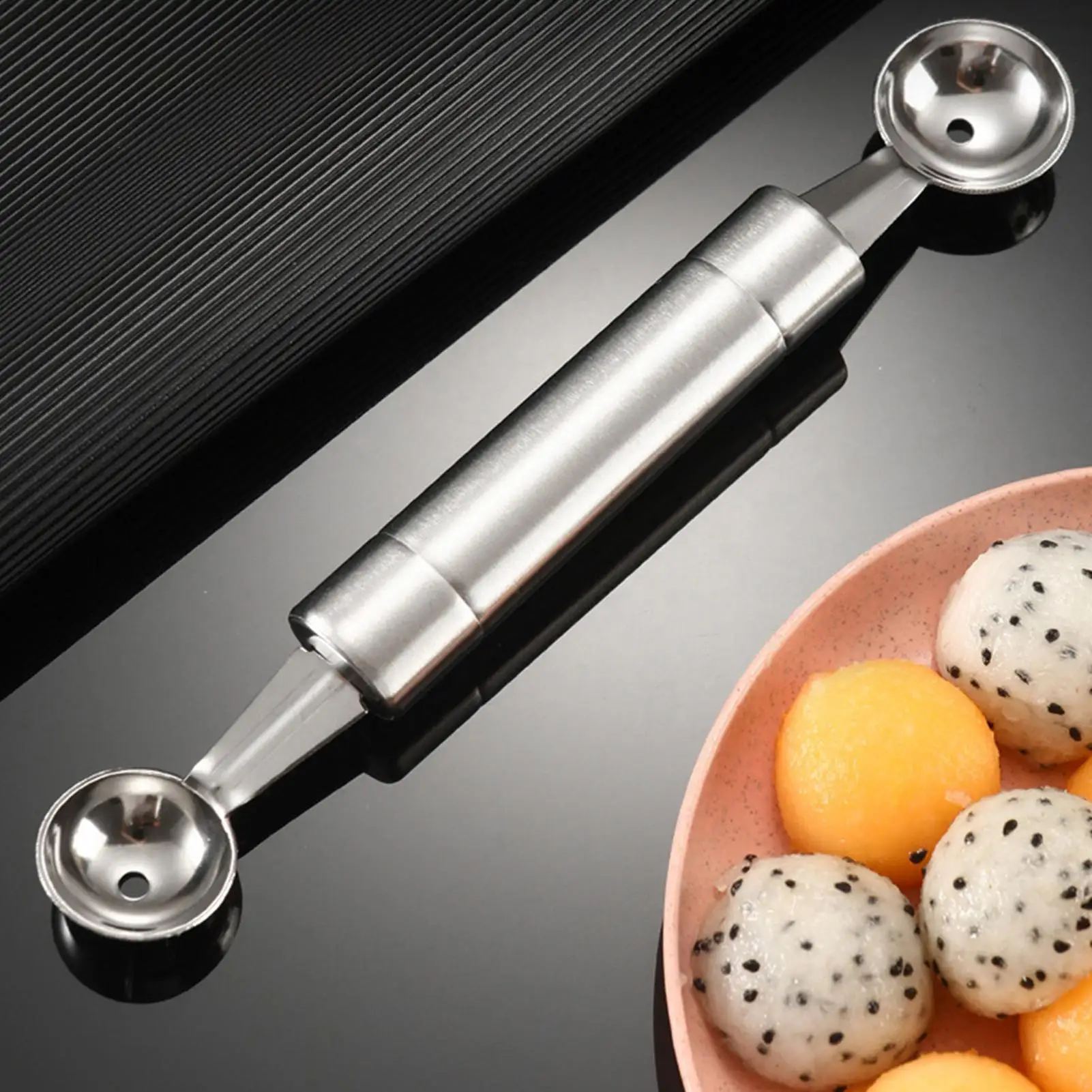 كرة فواكه مزدوجة الجوانب من الفولاذ المقاوم للصدأ للحفلات على شكل كرة البطيخ ملعقة أواني غير لاصقة للمطبخ ﻿