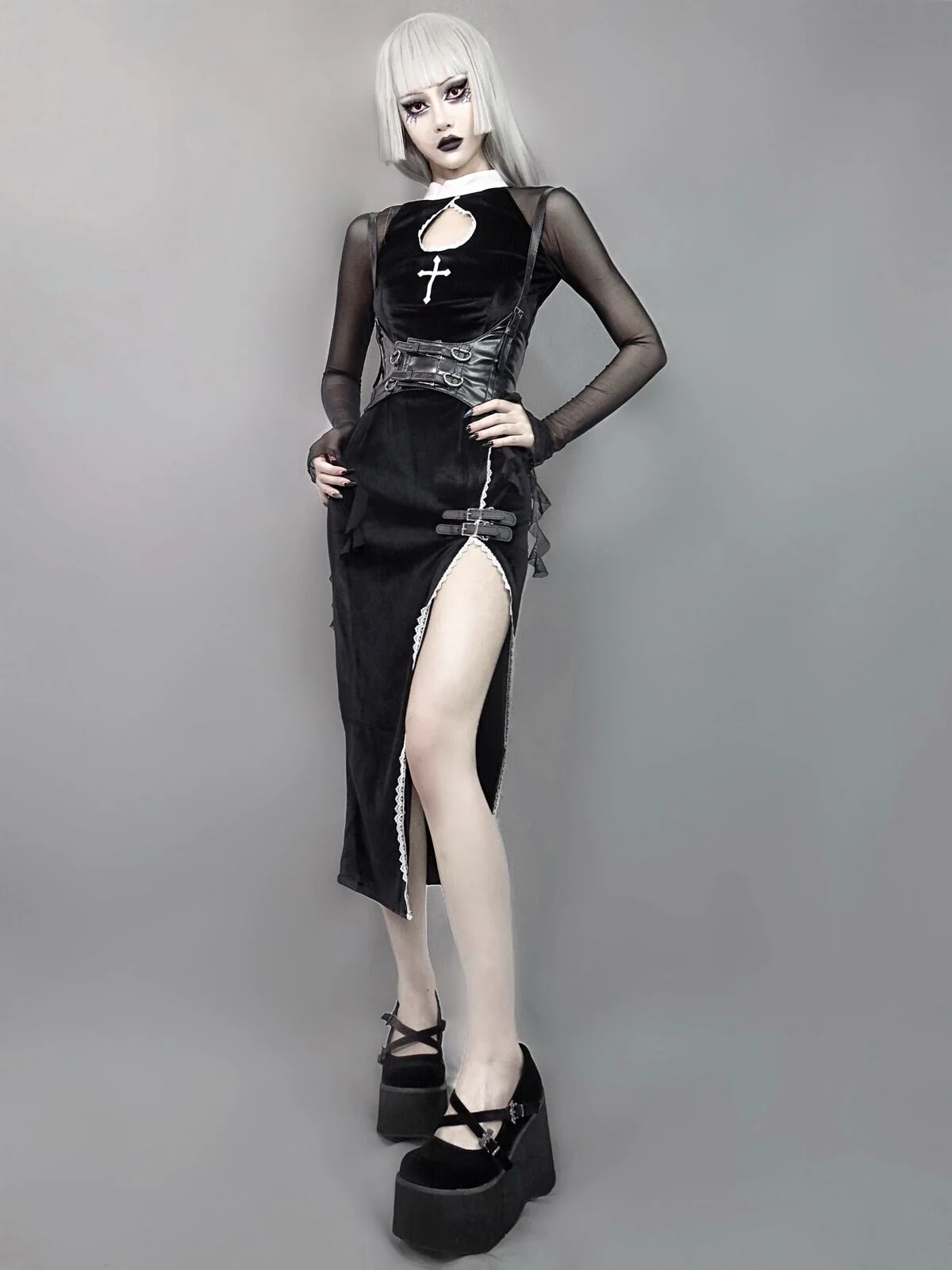 

Original Gothic Slim Cross Embroidery Split Wrap Hip Long Dress Autumn And Winter Balck Sexy Dress Gothic Dark Dress Party Dress