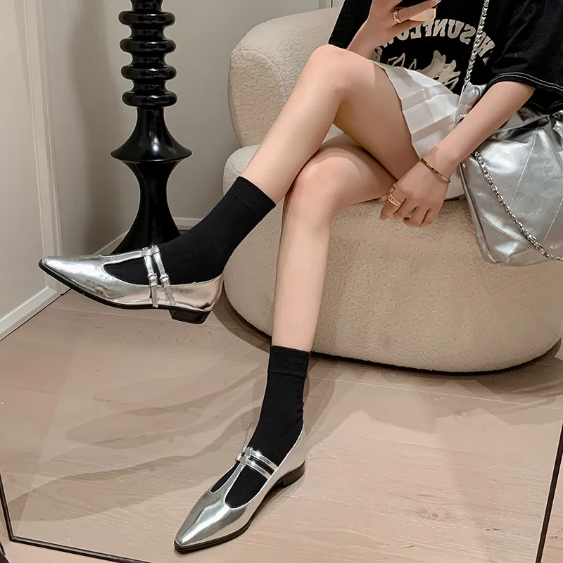 MKKHOU Fashion Women's Shoes New High Quality True Leather Pointed Tee with Mary Janes Shoes Low Heel Modern Leather Shoes