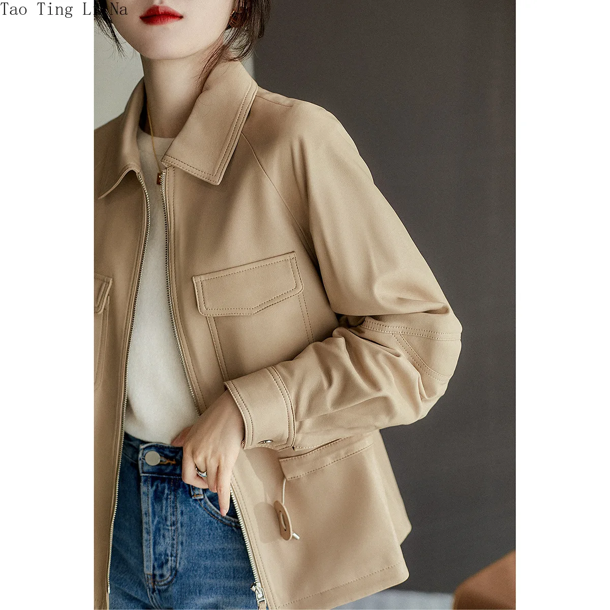 2022 New Spring and Autumn Waist Mid-length Leather Coat Genuine Real Sheepskin Leather Jacket W4