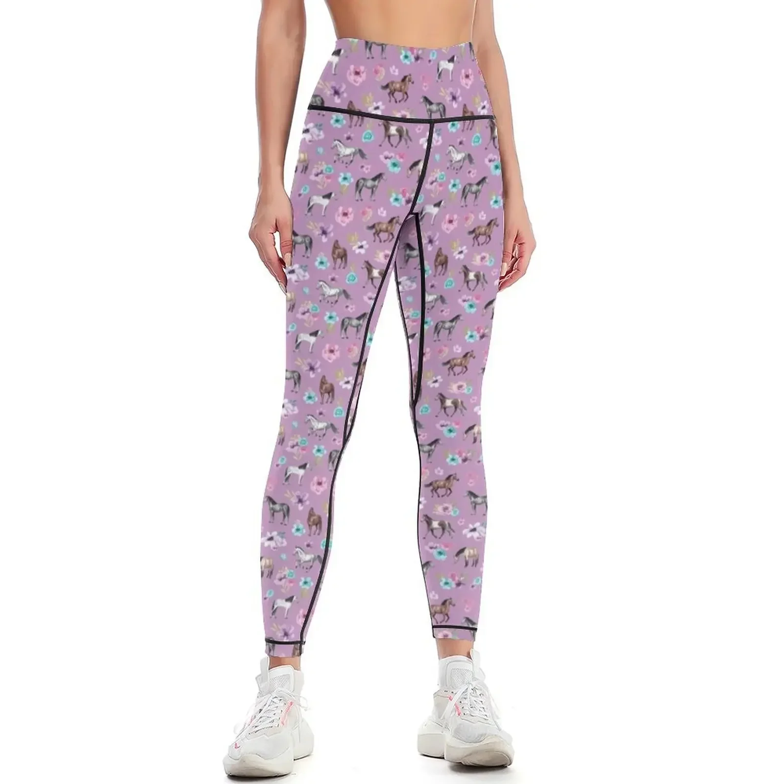 

Horses and Flowers Print, Horse Decor, Light Purple, Pony, Floral Leggings sporty woman gym Training pants Womens Leggings