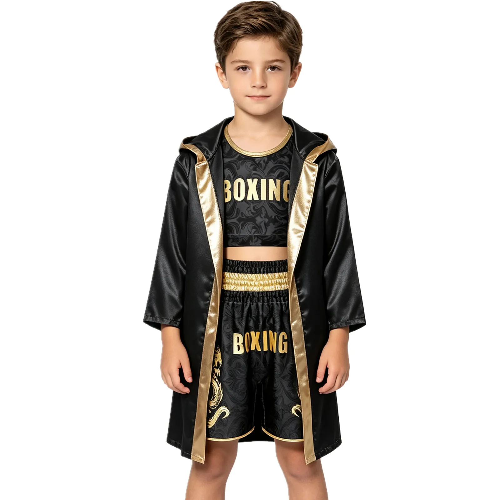 Children Boys Girls Boxing Performance Outfit Long Sleeve Hooded Robe with Belt Vest Shorts Halloween Boxer Role Play Costume