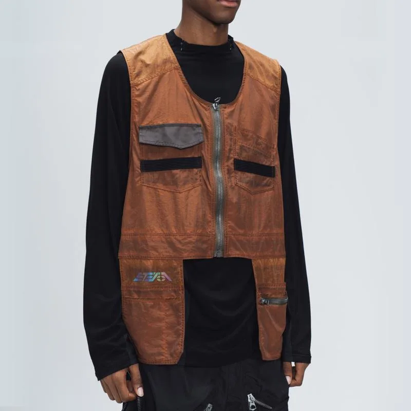 HKSH Autumn New Men Tide Punk Pocket Safari Style Sleeveless O-Neck Vest Techwear Color Contrast Waistcoat Women Ins Top HK17148