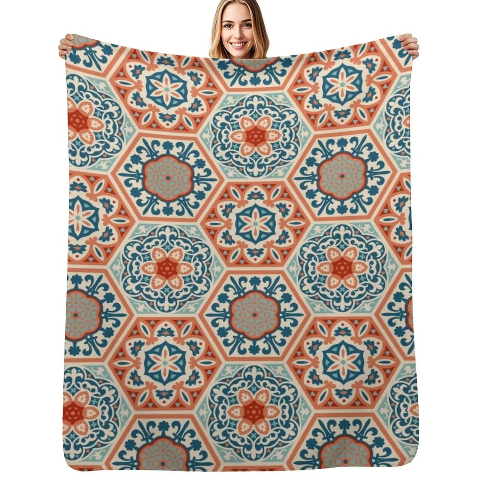 

PATCHWORK tiles 01, terracotta orange and teal blue Throw Blanket Softest Bed linens Tourist Moving Blankets