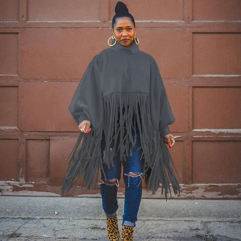 Streetwear Fringe Tassel Tops Women Winter Clothes Turtleneck Pullovers Long Sleeve Harajuku Y2k Loose Casual Sweatshirt