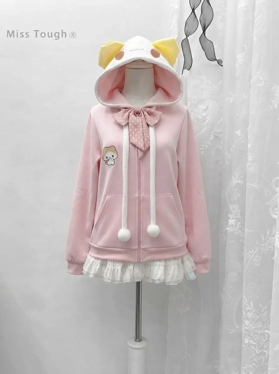 Herbst Kawaii Lolita Süße Langarm-Hoodies Neue Japanische Rosa Lose Niedliche Jacke Damen Warmer Hübscher Bestickter Verdickter Mantel