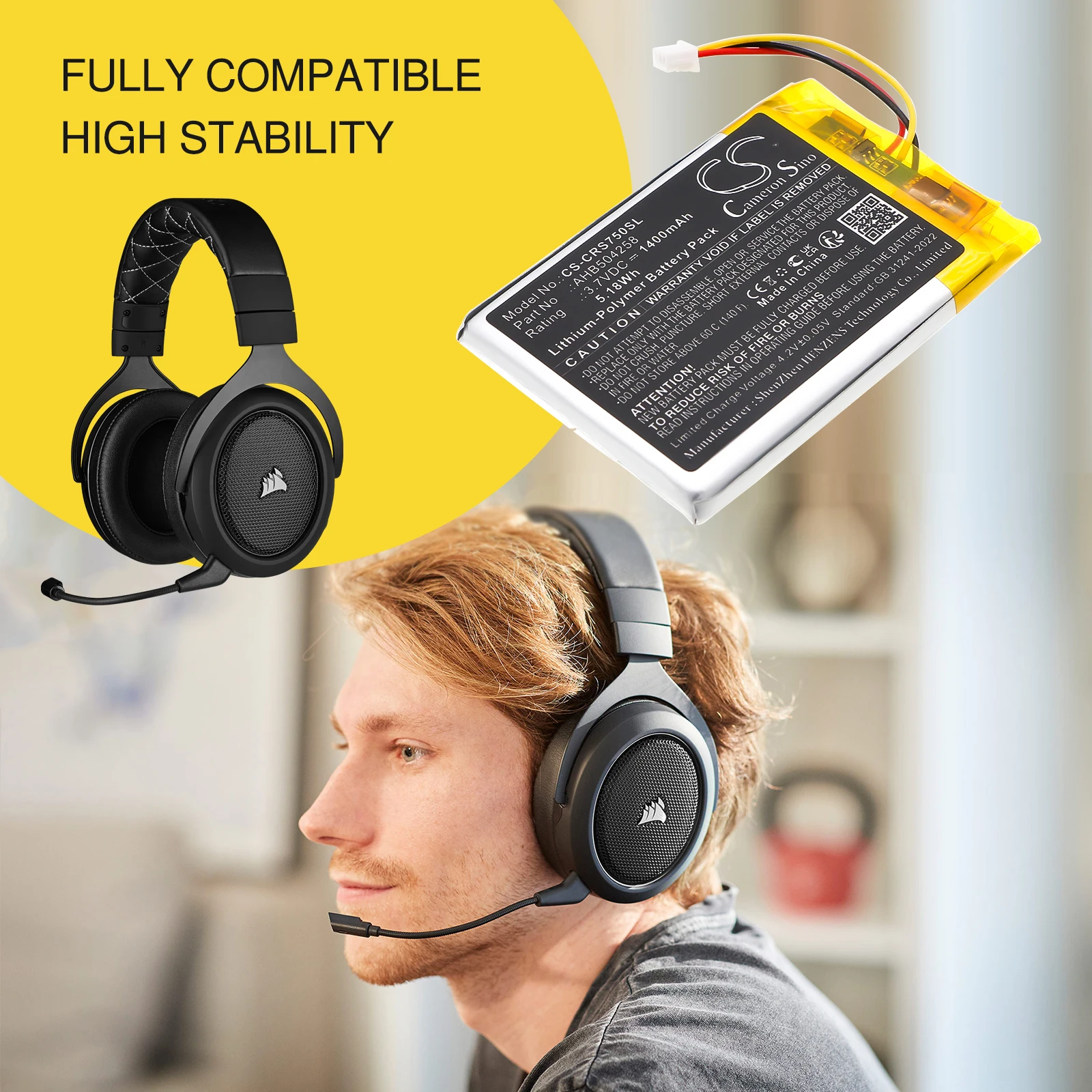 Batería de repuesto CS para Corsair HS70,HS70SE,HS75 XB,VOID,VOID PRO RGB SE,Virtuoso RGB,Virtuo PN:AHB504258 1400mAh / 5.18Wh