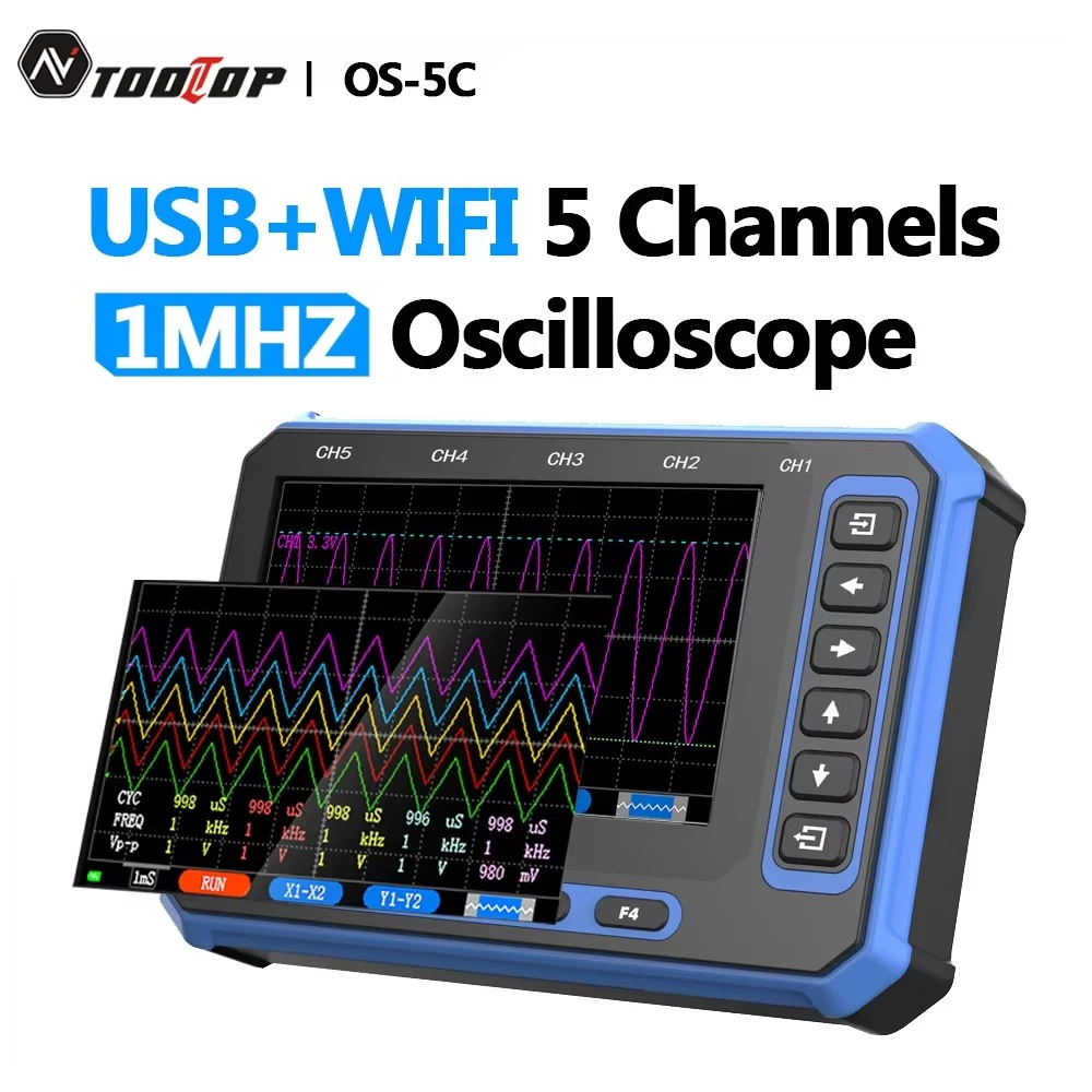 

TOOLTOP 5 Channels Digital Oscilloscope USB + WiFi Portable Oscilloscope 3Msps Sampling Rate 4.3Inch Android PC Oscilloscope