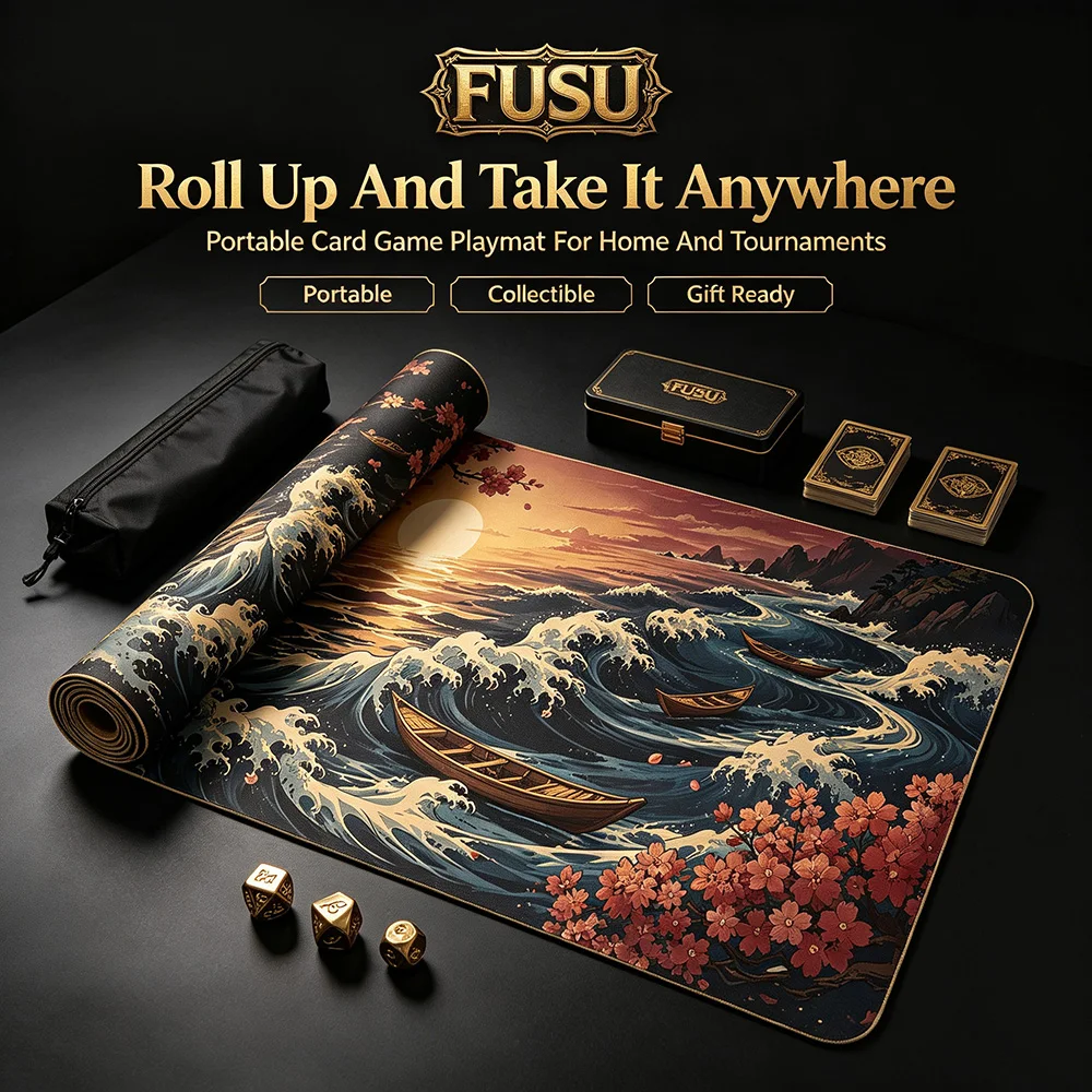 Japanese Ocean Wave Sunset Cherry Blossom Boat Playmat Ukiyo‑e Style Golden Border Anti‑Slip Rubber Table Mat TCG Trading Card