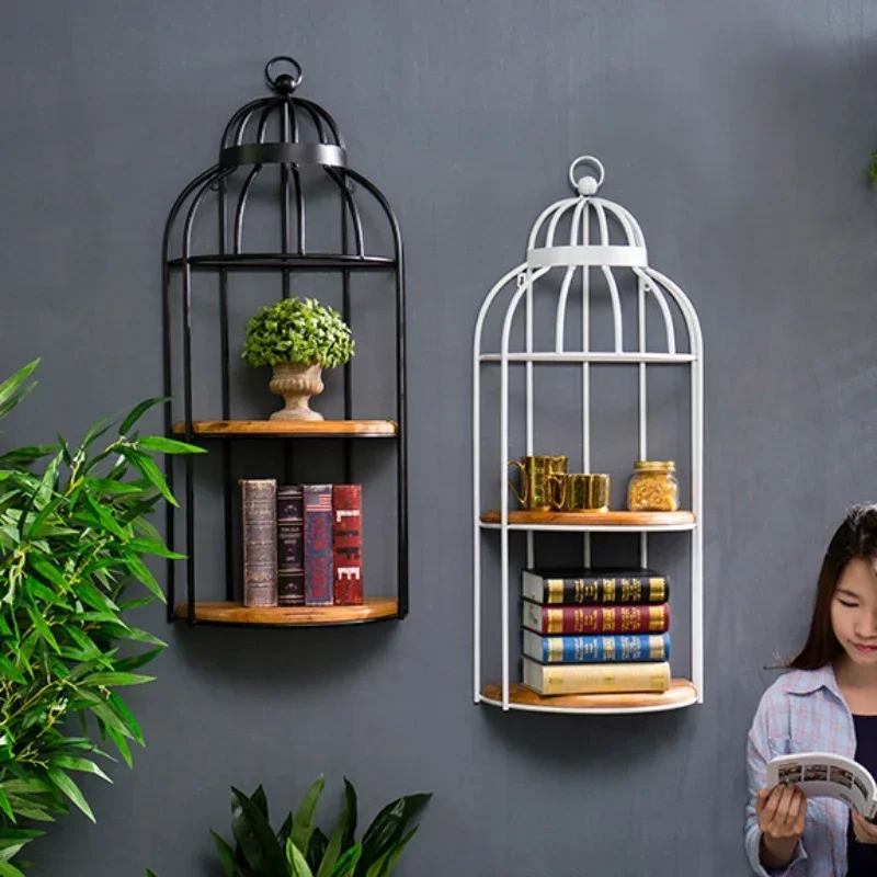 American Retro Storage Holders, Iron Wall Hanging Bird Cage, Living Room Bar Shelves, 2-Layer Vintage Decorative Storage