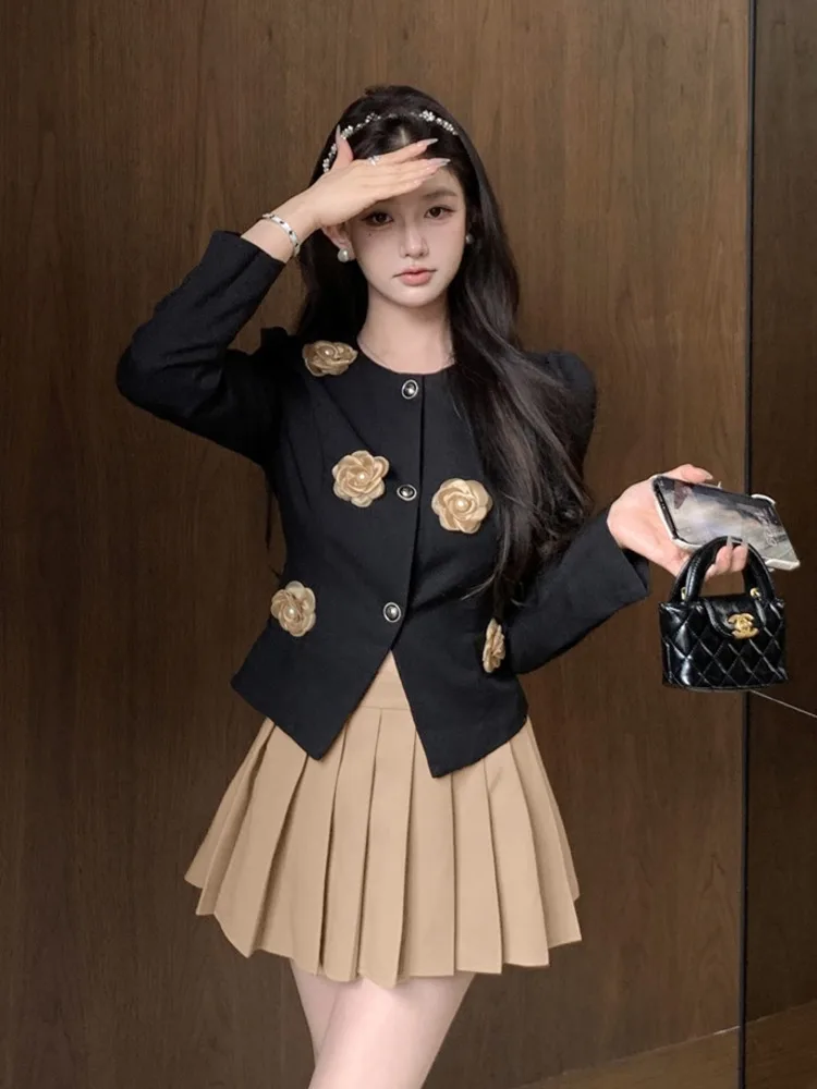 High Quality Elegant Fashion Small Fragrance 2 Piece Set For Women 3D Flowers Jacket Coat + Pleated Long Skirt Two Piece Suits