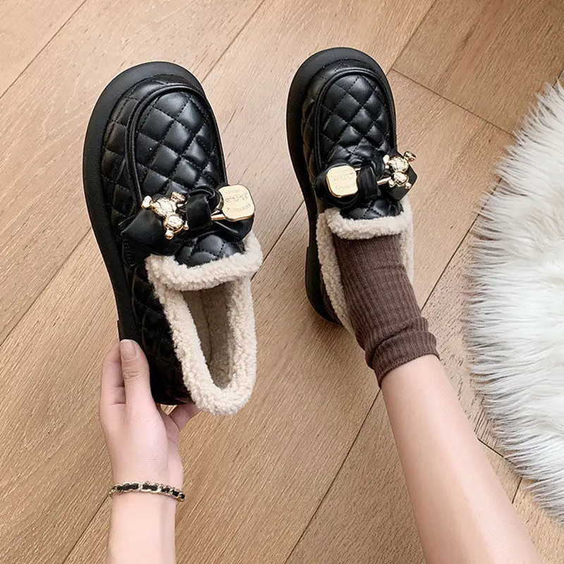 Loafers Fur Casual Woman Shoe Slip-on All-Match Round Toe Shallow Mouth Winter Slip On Comfortable New Moccasin Slip-On Rubber B