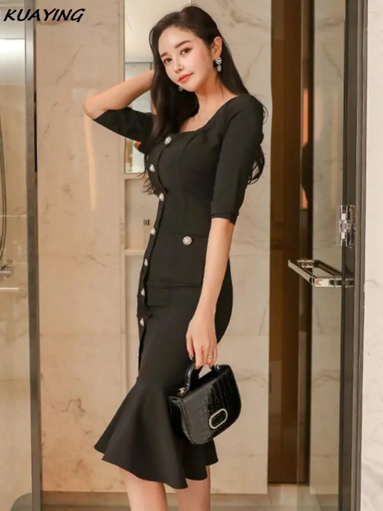 Autumn Elegant Mermaid Black Office Dress for Women Fashion Square Collar Single Breasted Midi Dresses Casual Party Vestidos New