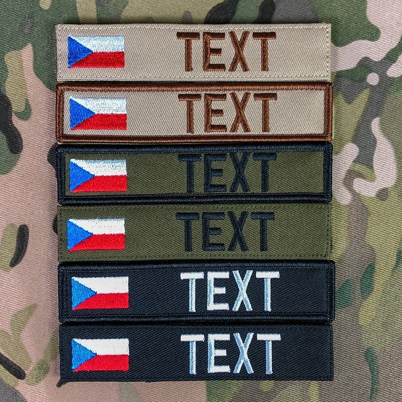 Czech Republic Flag Embroidery, Custom Name Tape Patch, Hook and Loop Multicam, Green, ACU, Black Tan