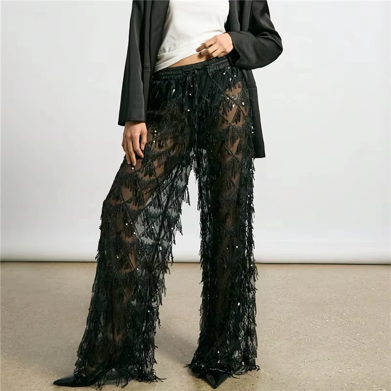HG Glitter Sequin Fringe Mesh See Through Wide Leg Pants Elastic Waist Drawstring Sheer Palazzo Trousers Beach Party Club Cover