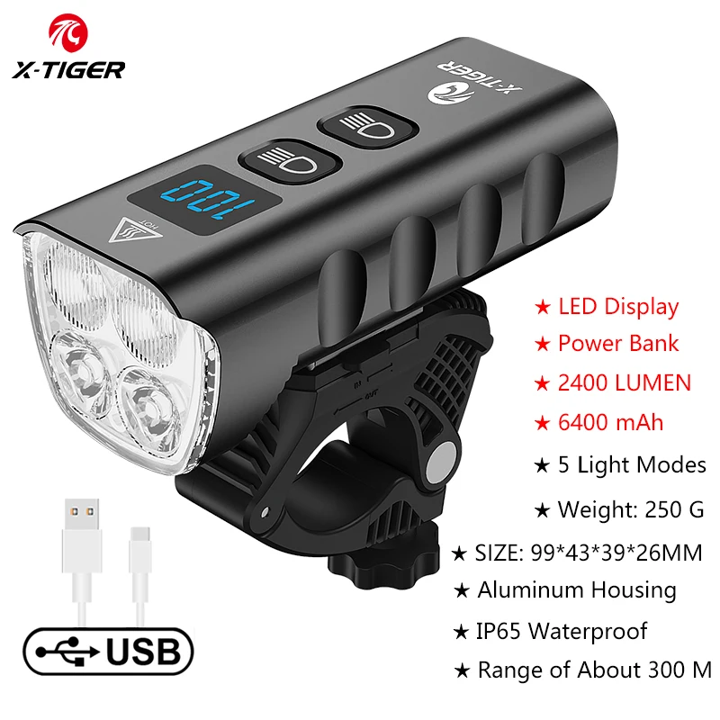 X-TIGER Fiets Voorlicht 6400ma Oplaadbare Fiets Licht 2400lm Fietsen Koplamp Led Zaklamp Mtb Fiets Lamp