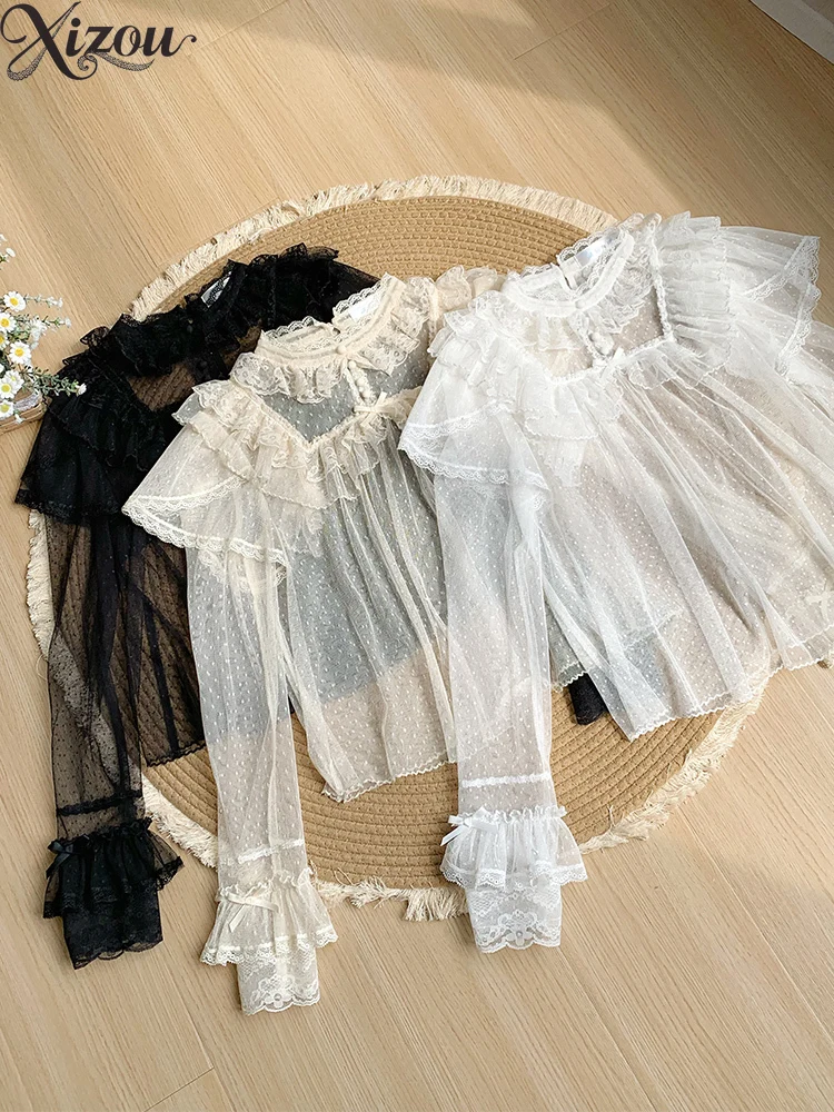 Hauts à manches longues pour femmes, chemise intérieure en dentelle, légère et confortable, chemises Lolita décontractées, chemisier élégant pour femmes, printemps été