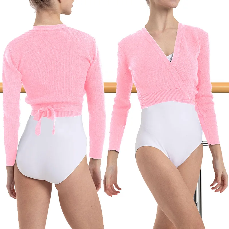 ﻿   Leotardos de baile de Ballet de manga larga con cuello en V para mujer, suéter envolvente de baile gimnástico para niños y adultos con correa en la cintura, suéter de baile