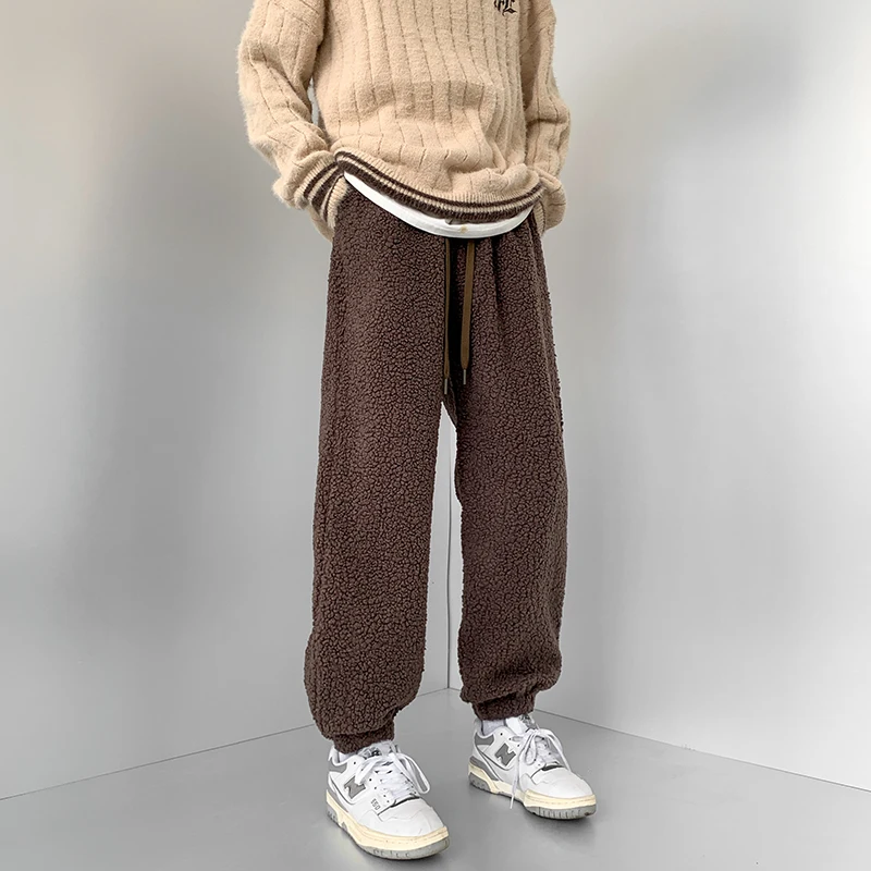 Winter Thick Pants Men Warm Retro Casual Lamb Wool Pants Men Streetwear Hip-hop Loose Wide Leg Pants Mens Thickened Trousers