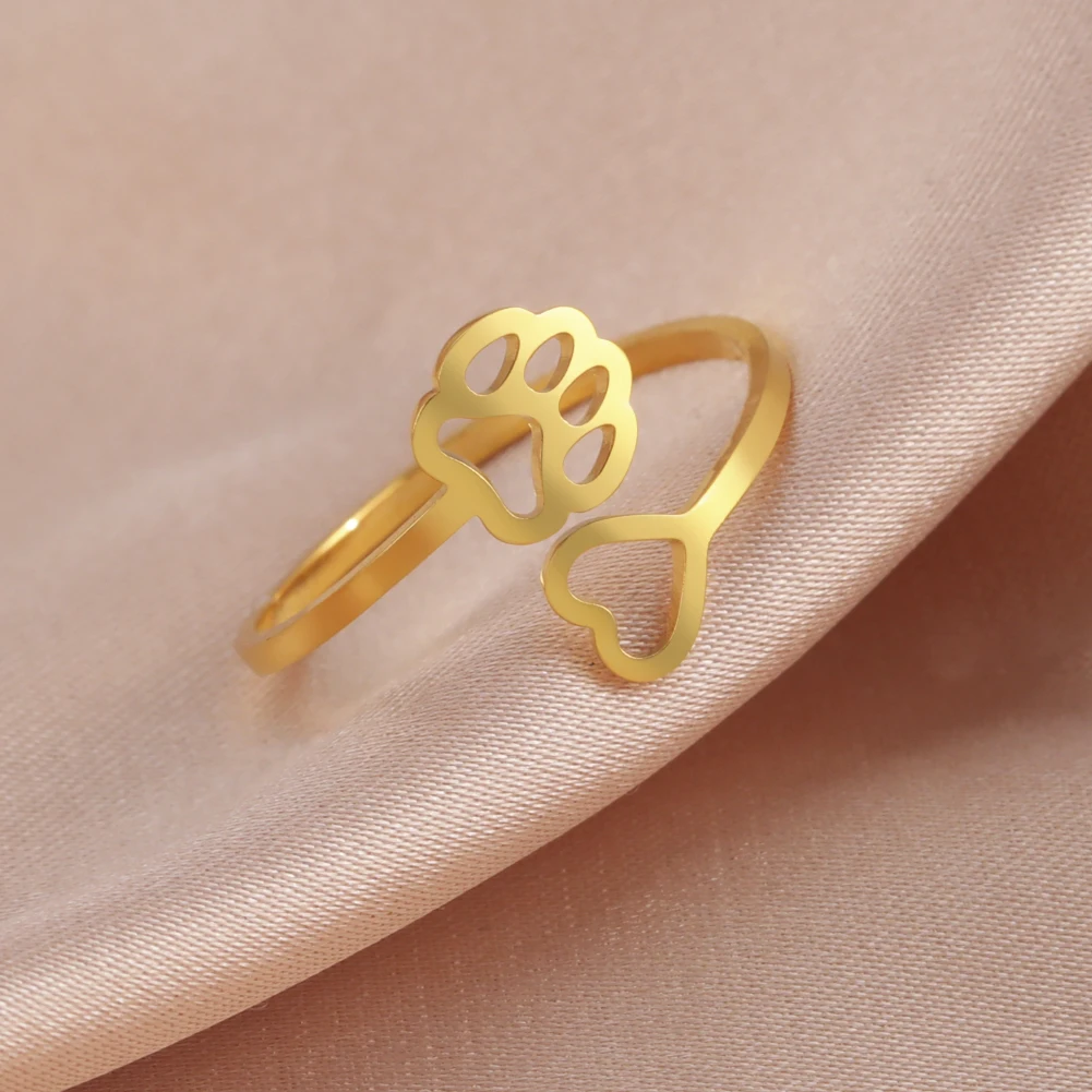 Skyrim Stainless Steel Lovely Dog Paw Foot Print Love Heart Ring for Women Girls Adjustable Ring 2025 Trendy Jewelry Lover Gift