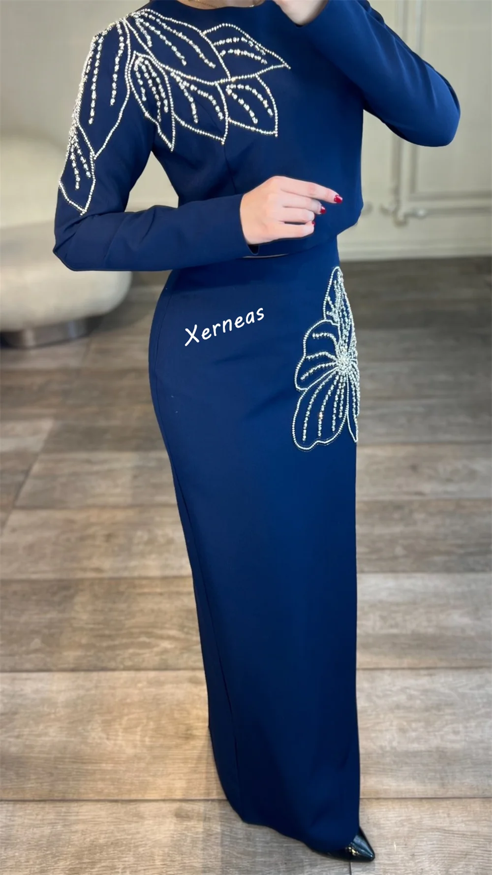 カスタマイズされたクラシックなイブニングドレス グリッターパターン Oネック ストレートロングドレス オーダーメイドの機会 エレガントなパーティー 結婚式