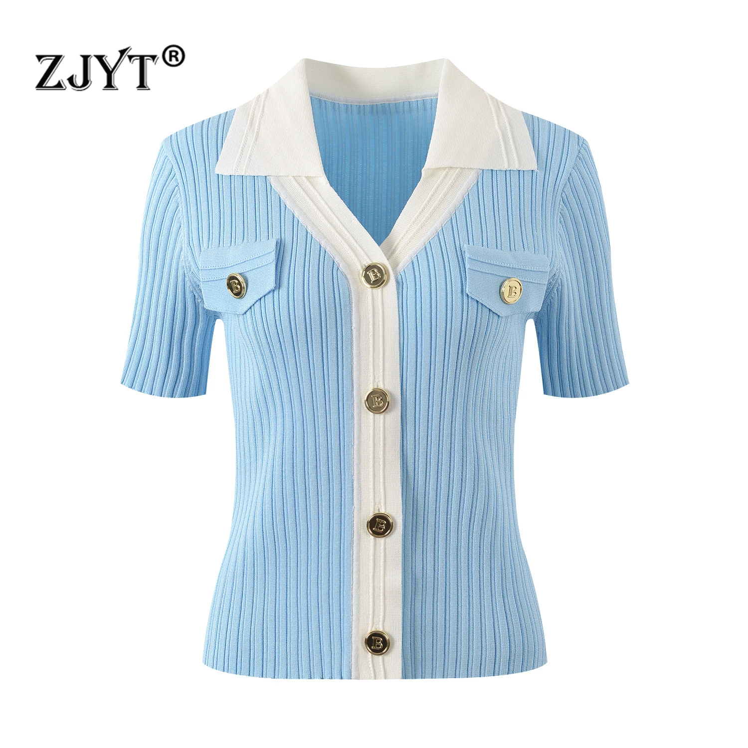 ZJYT Summer Color Block Sweaters for Women 2024 Fashion Turn Down Collar Short Sleeve Knitting Tops Female Jersey Mujer 2024 New