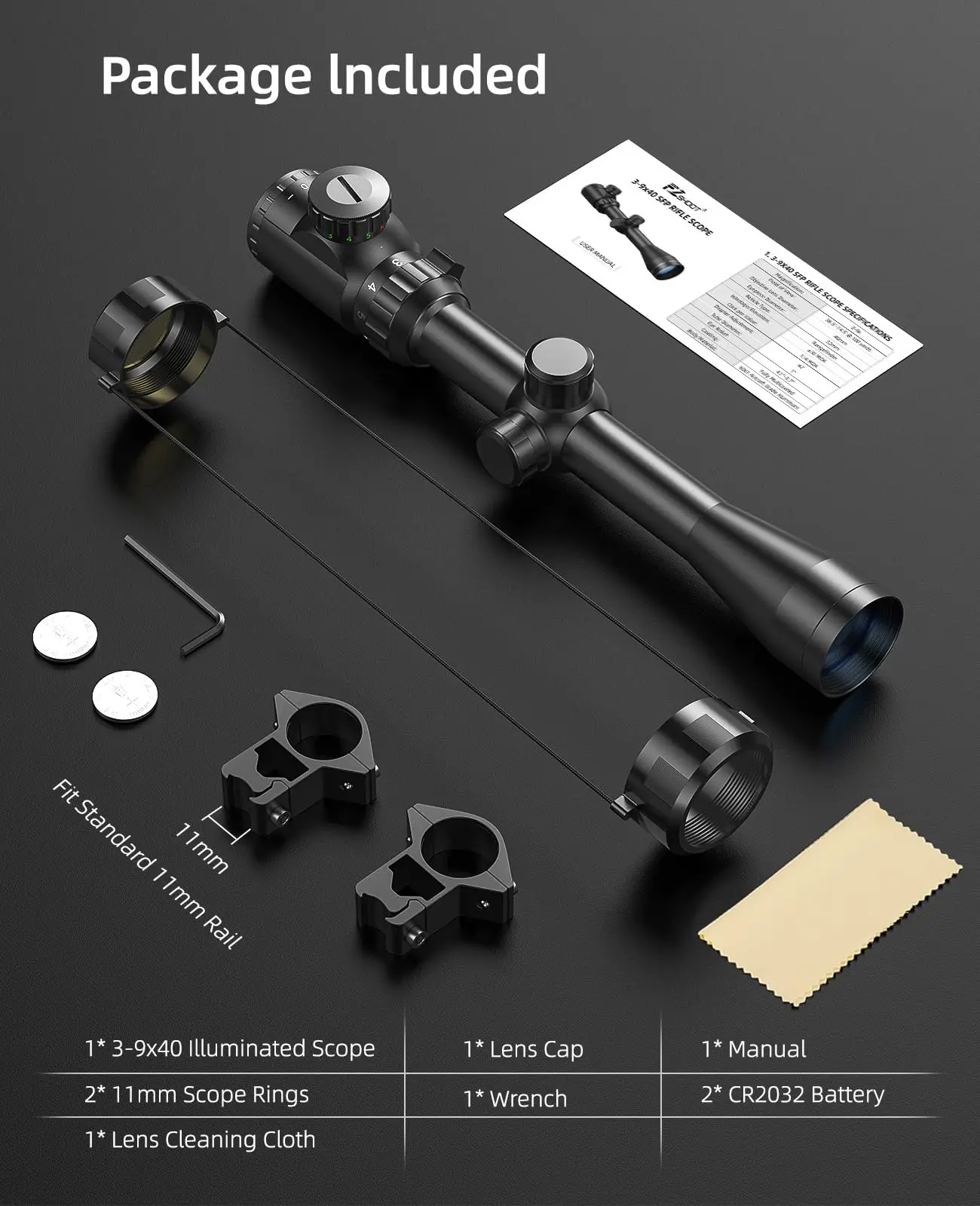 Ezshoot 3-9x40 alcance del rifle rojo verde iluminado riflescope mil-dot retícula óptica mira con soportes para riel de cola de doble cola de 11 mm