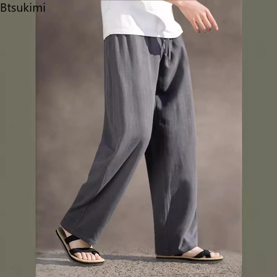 Summer Casual Linen Trousers for Men Loose-fit Straight-leg Cropped Pants Chinese Style Summer Thin Cotton Linen Wide Leg Pants