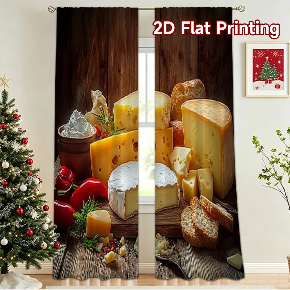 2D flat 2pcs Curtain Vintage drapes and curtains Rustic Cheese and Bread Digitally printed polyester, colorfast Birthday Party