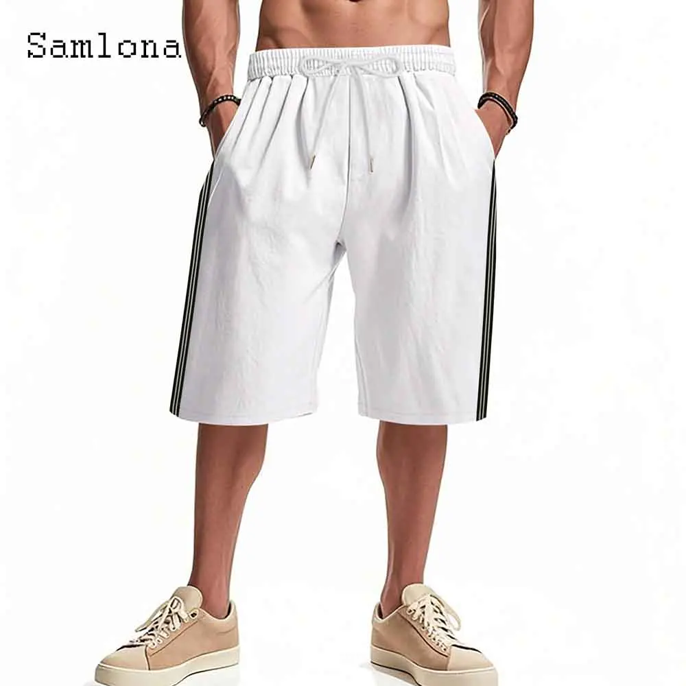 

Samlona Plus Size Mens Vintage Stand Pocket Shorts Male Casual Running Beach Half Pant White Gray Elastic Waist Hotpants New
