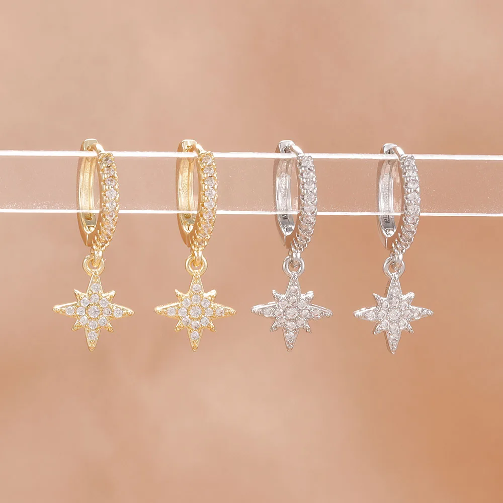 New Star Zircon Stainless Steel Pendant Hoop Earrings For Women 18K Gold Plated Pendientes Wedding Party Jewelry Accessory