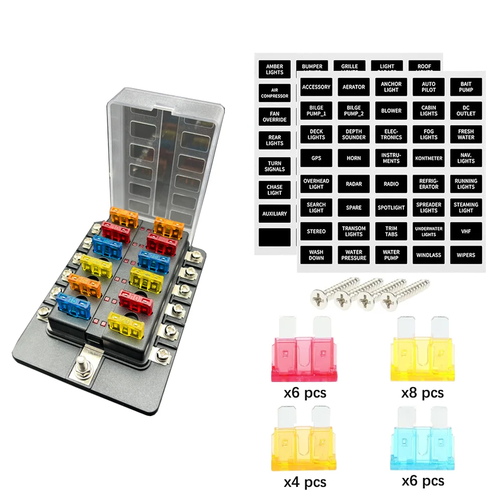 

Plastic Cover For Auto Car Boat Marine 12 Ways Blade Fuse Block 32V 100A Fuse Box Holder M5 Stud With LED Indicator Light