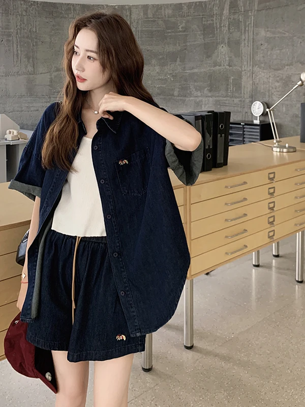 

Deep Blue Denim irt And orts Set Women's Lazy Sle Summer Beautiful Cute Set Faionable Casual Wear for Young Ladies