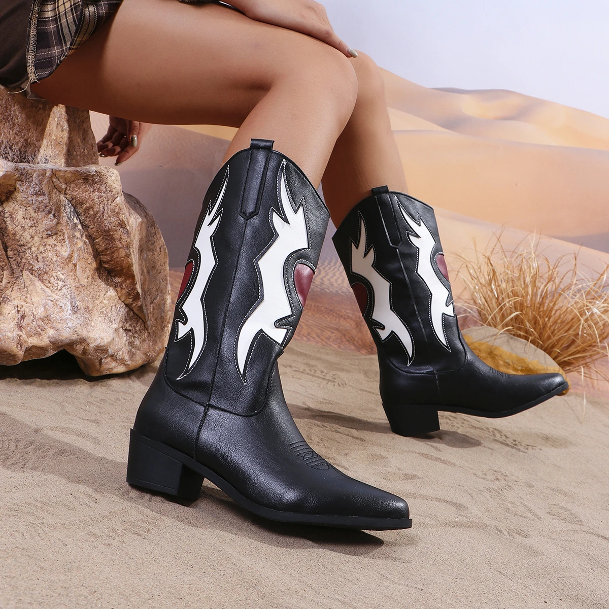 Women\'s Calf Boots Cowboy Boots Girls Chunky Heels Retro Punk Western Boots Embroidered Shoes Leather Mid-calf Boots for Women