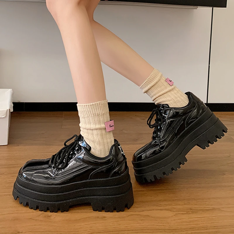 

Seasons Unisex Oxford Shoes Women Height-Increasing Thick-Soled Shoes Casual Heels Fashion Platform Mid-heel Black Leather Shoes