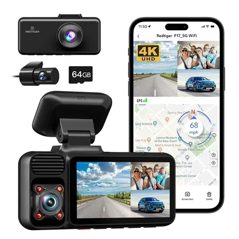 Redtiger F17 4k 3 Car Cameras 5.8Ghz Wifi Dash Camera For IR Night Vision Car Dvr For  Wifi Dash Cameras  Built-In Gps WDR