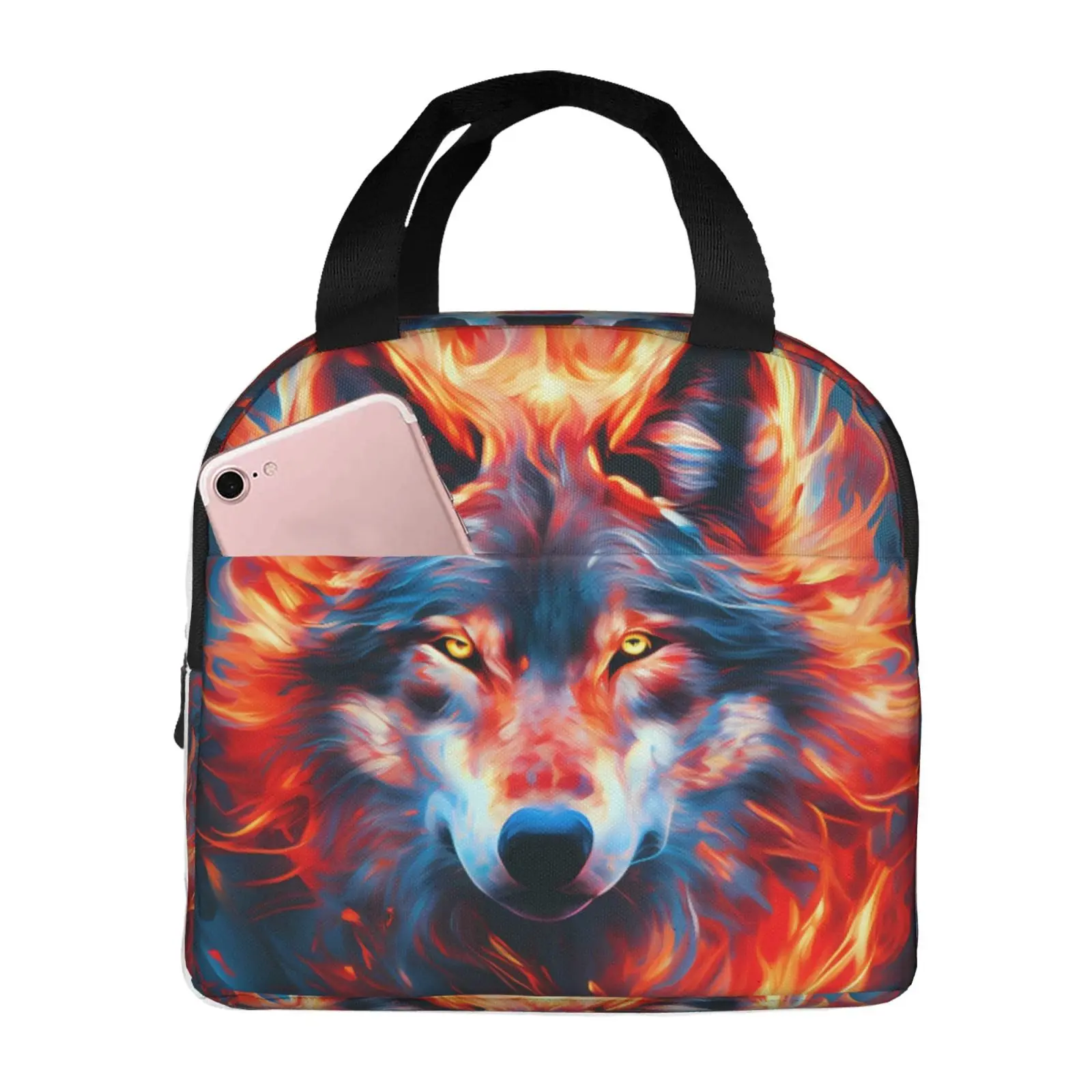 The Wolf The Look Penetrates The Fire Lunch Tote Bag Insulated Leakproof Lunch Box Container with Front Pocket for Girls Boys