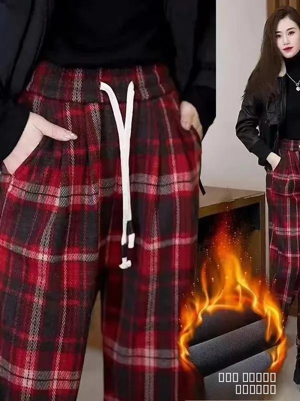 

Большие размеры, осенне-зимние клетчатые брюки Харлан, повседневные брюки со свободной талией, теплые женские брюки из полиэфирного волокна с высокой талией