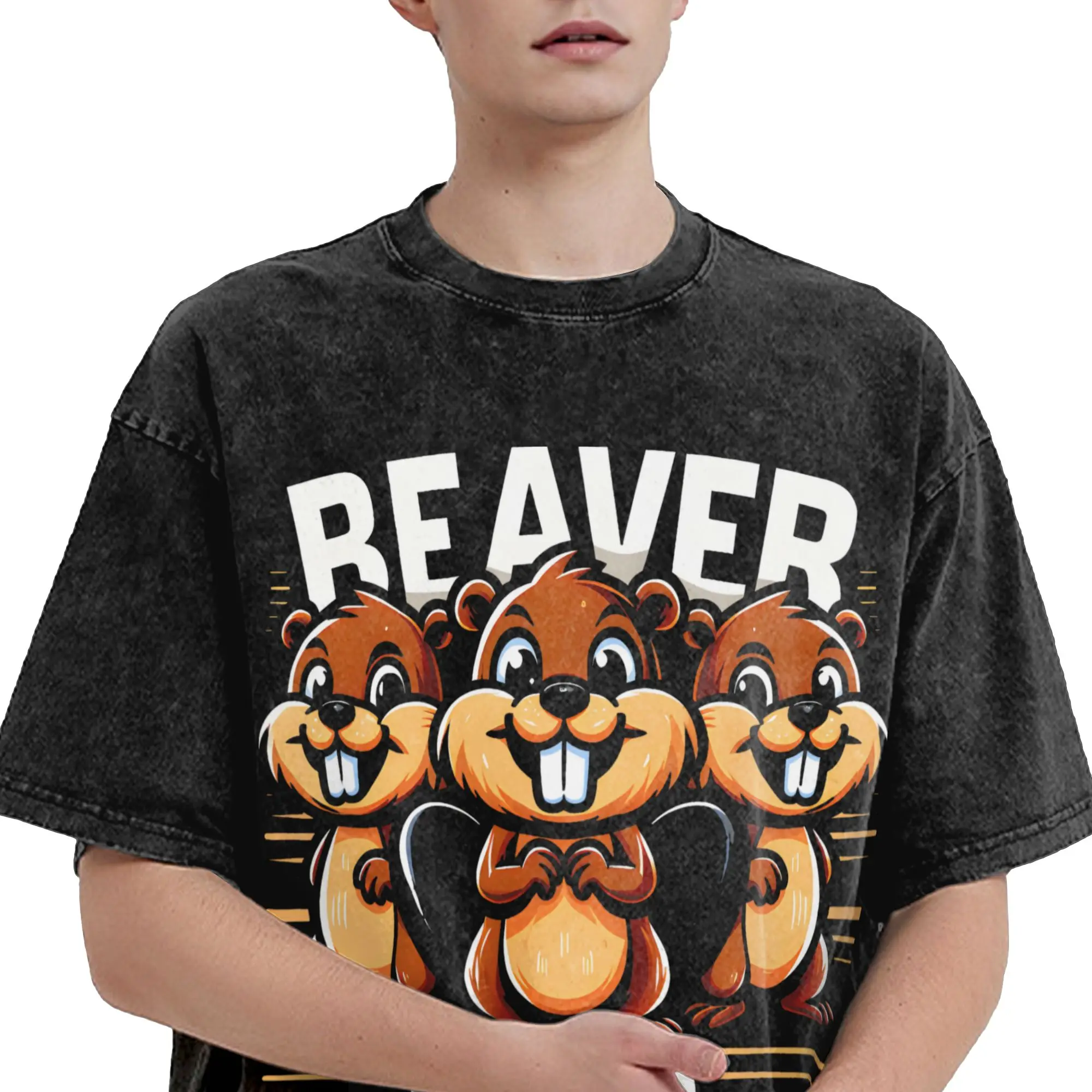 Harajuku Washed Shirt Beaver Squad Three Beaver Funny Friends Teammates Merch Vintage T Shirt Oversize  Streetwear