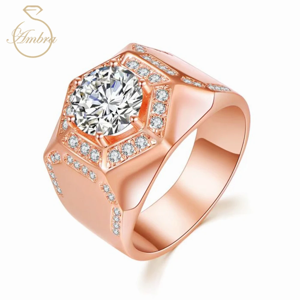 Ambra Jewelry D Color 3ct Moissanite Diamond 18K Rose Gold Colour Luxury Men's Ring in Platinum Plated 925 Sterling Silver Layer