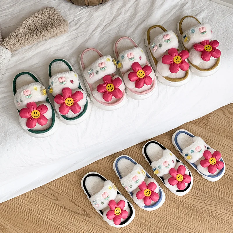 

Kids' Slippers House Slipper Cotton Open Toe Cartoon Winter Shoes For Girls Anti-slip Soft Bottom Pink Blue Shoes Size 26-37