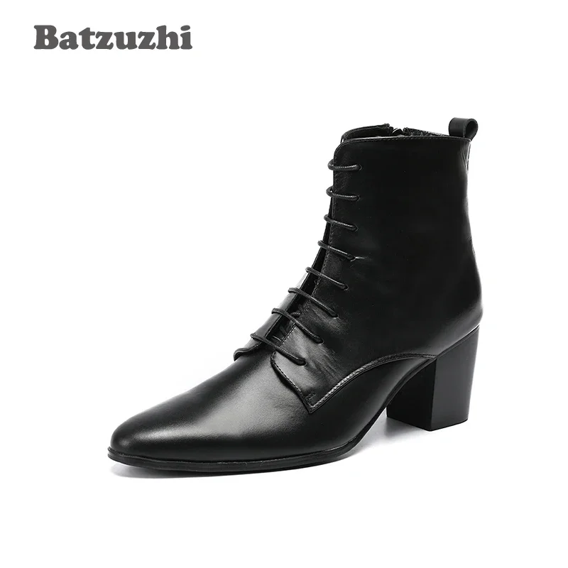 Batzuzhi Boots Men 6.8CM High Heel Cowhide Genuine Leather Men Boots Black Lace-up Zapatos Hombre zapatos de hombre Knight Boot