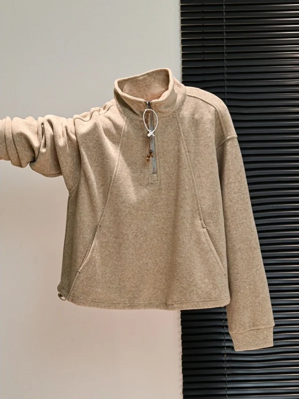 Retro American Style Women's Hoodie Coat Warmth Stand Collar Bead String Drawstring Winter Outerwear Comfortable Loose Fit