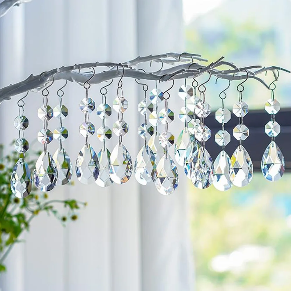 10pcs 38mm Teardrop Chandelier Crystals, Clear Crystal Chandelier Prisms Pendants Parts Connected Glass Octagon Beads,Hanging Ga