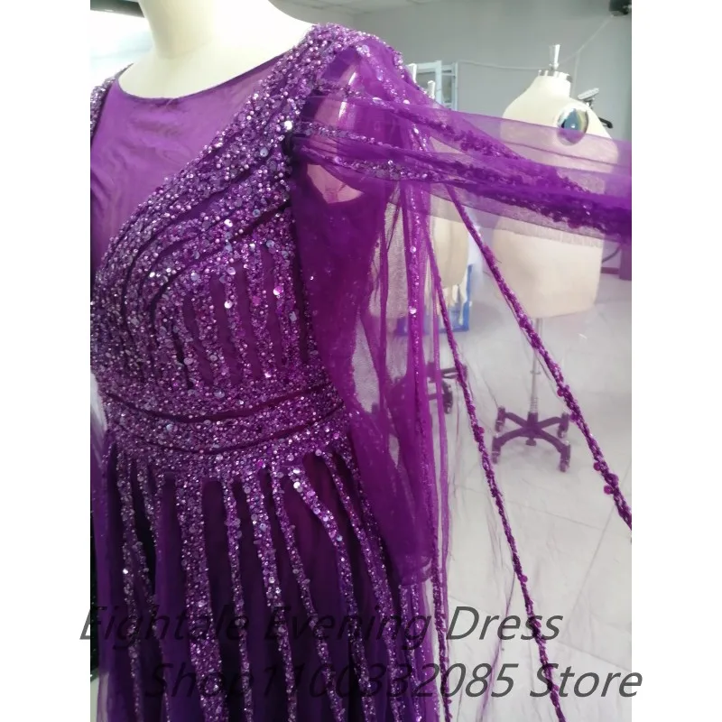 Purple A Line Shinning Muslim Evening Dresses For Wedding Party Long Luxury 2023 Sequined Prom Dress Dubai Party Gown Customized