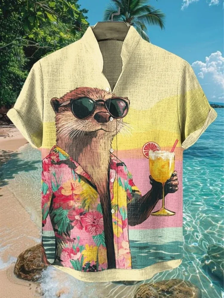 Men's Otter Cocktail Leisure Vacation Art Print Casual Shirt Bohemian Vintage Holiday Short Sleeve Lapel Collar Shirts Oversized