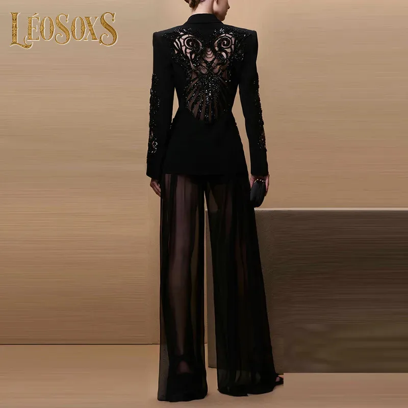 LEOSOXSSpring New Women's Fashionable Temperament Commuting Mesh Splicing Heavy Industry Nail Bead Suit JacketChiffon Pants Set