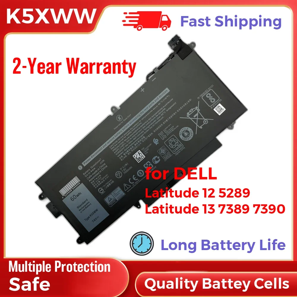 60Wh K5XWW Spare Replacement Laptop Battery for Dell Latitude 12 5289 Latitude 13 7389 Latitude 13 7390 7.6V Long Battery Life