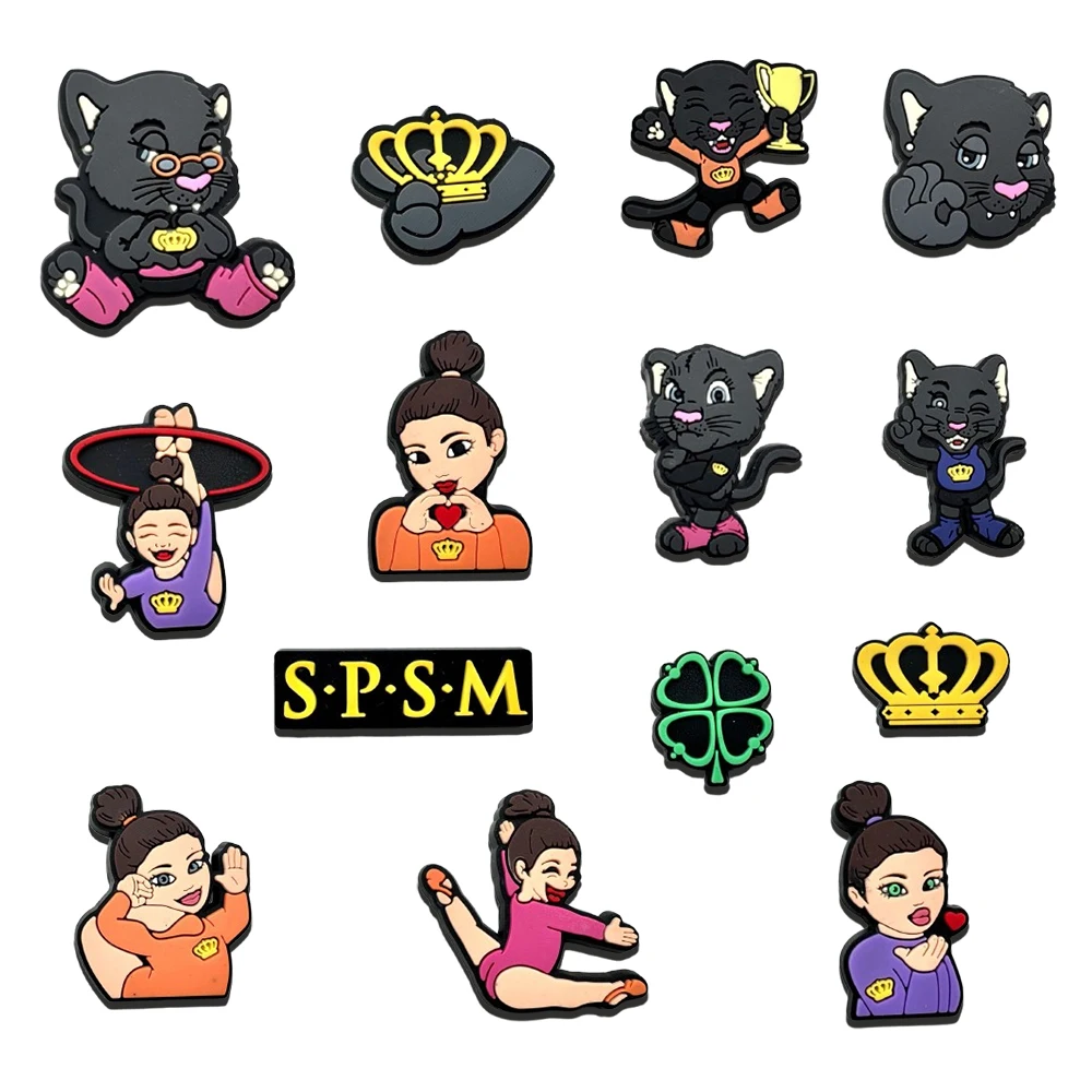 Set de 14 Dijes de PVC de Dibujos Animados para Zapatos, con Diseño de Niña Gimnasta y Pantera Negra, para Decoración de Zuecos y Sandalias de Niños y Adolescentes, Accesorios DIY